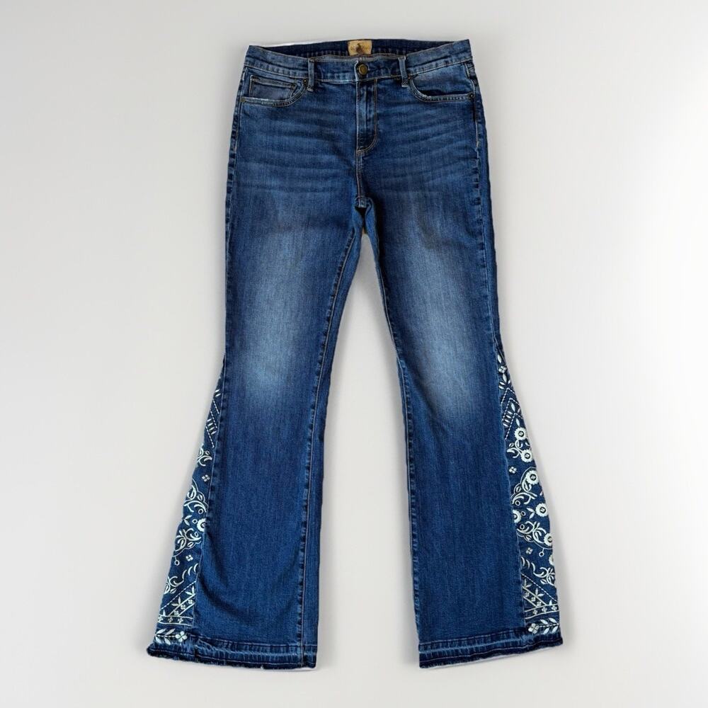 Driftwood Farrah Flare Jeans Women's 30 Blue Wide Leg Embroidered Floral Art